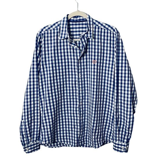 Other - Men L Blue White Gingham Check Organic Cotton Button Down Heart Accent‎ Shirt